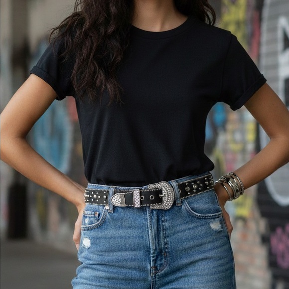 Kathy Van Zeeland Black Western Rhinestone Studded Belt Size Medium Y2K Bling - Picture 5 of 11